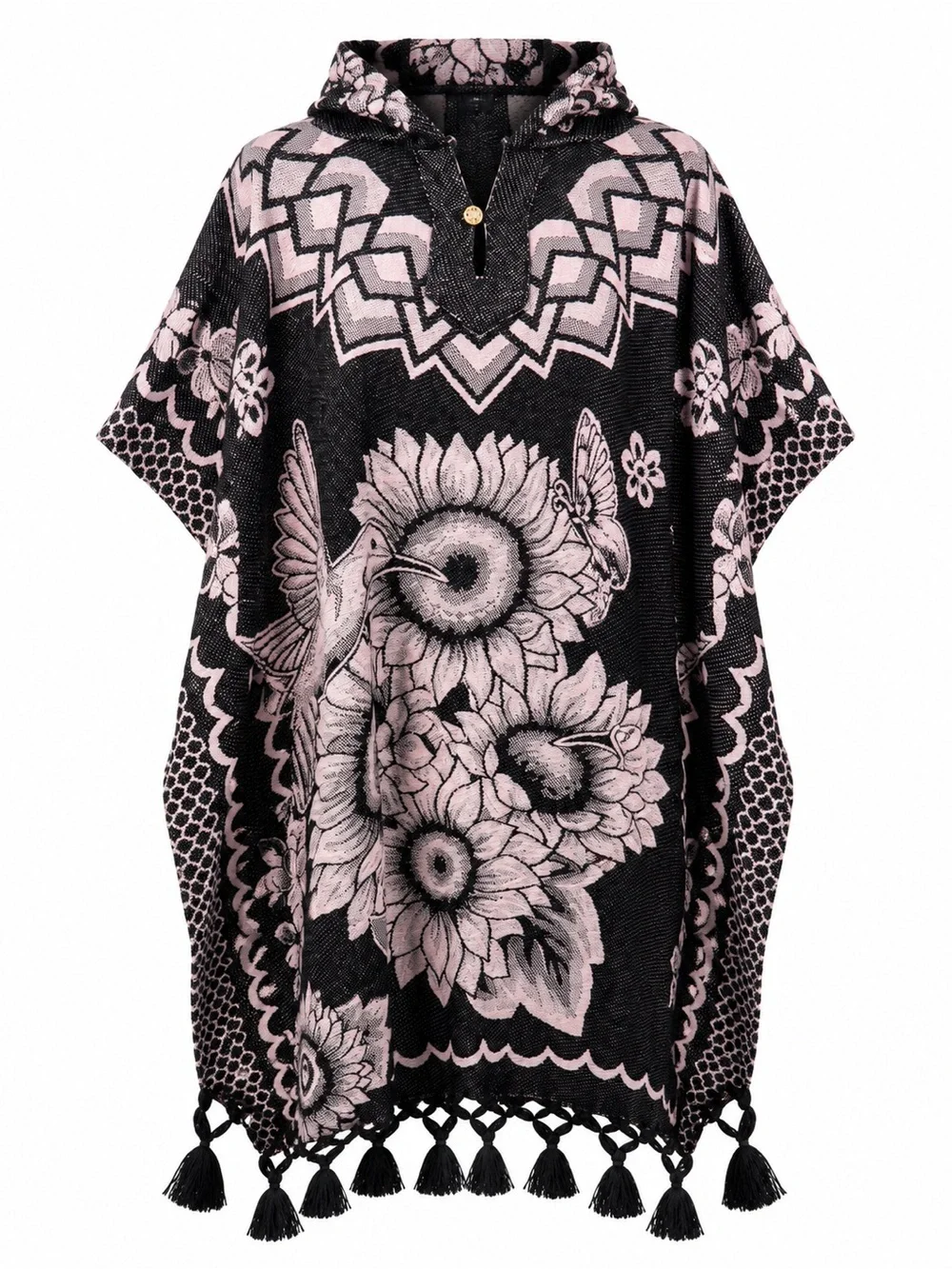 Hummingbird & Sunflower Hooded Poncho | One Size